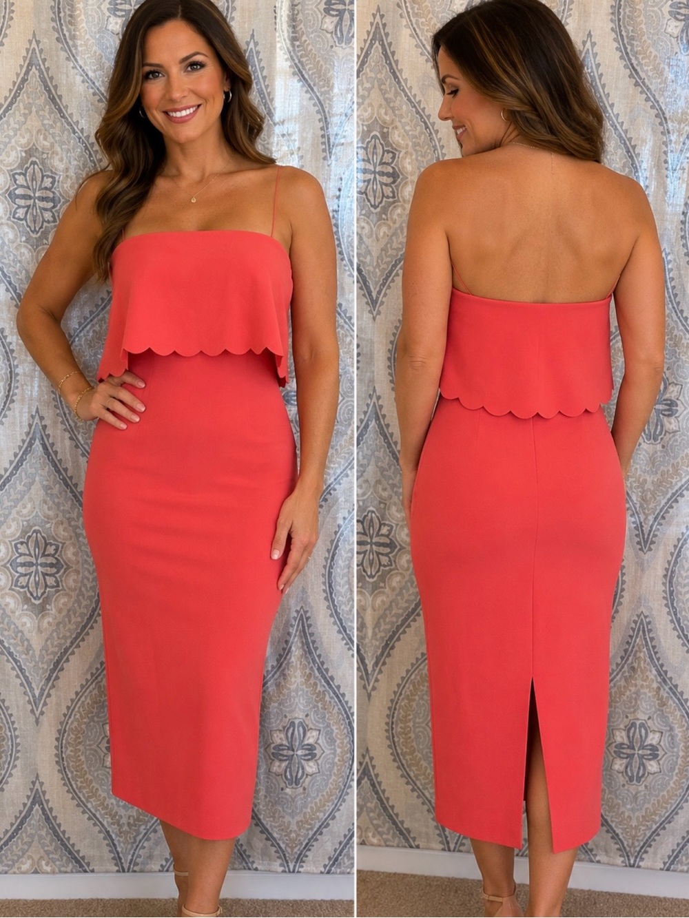 Likely Coral Strapless Scalloped Ruffle Sheath Midi Dress Size 2